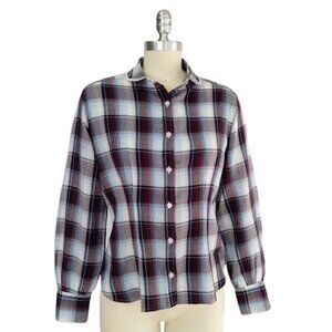 Women's Vintage 1970s Plaid Top Size S Prairie Dark Academia Blouse College Town